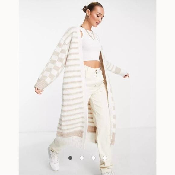 TopShop Oversized Checkerboard Stripe Maxi Cardigan Cream XS - Picture 1 of 9